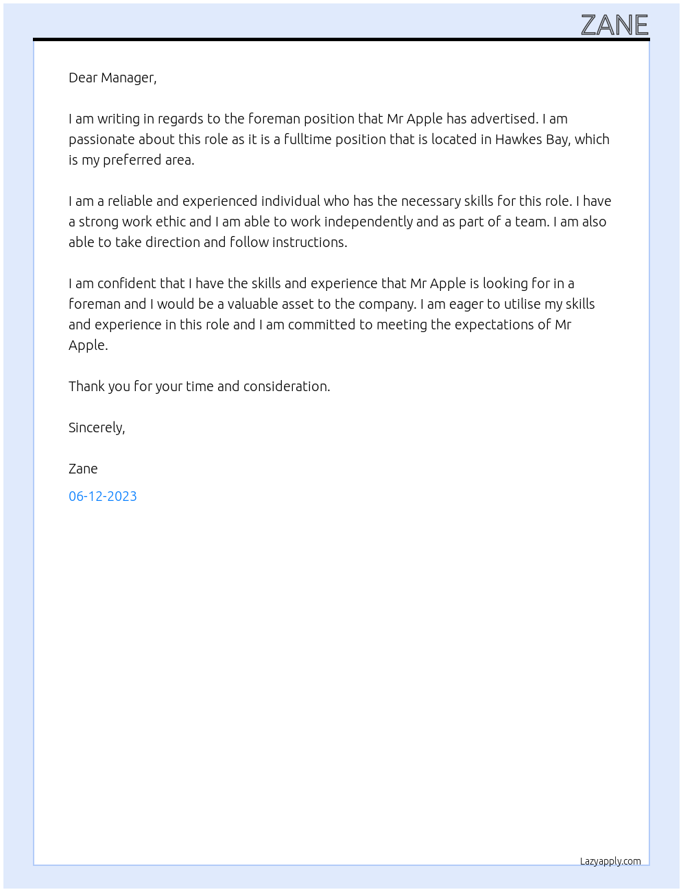 Foreman At Mr Apple Cover Letter