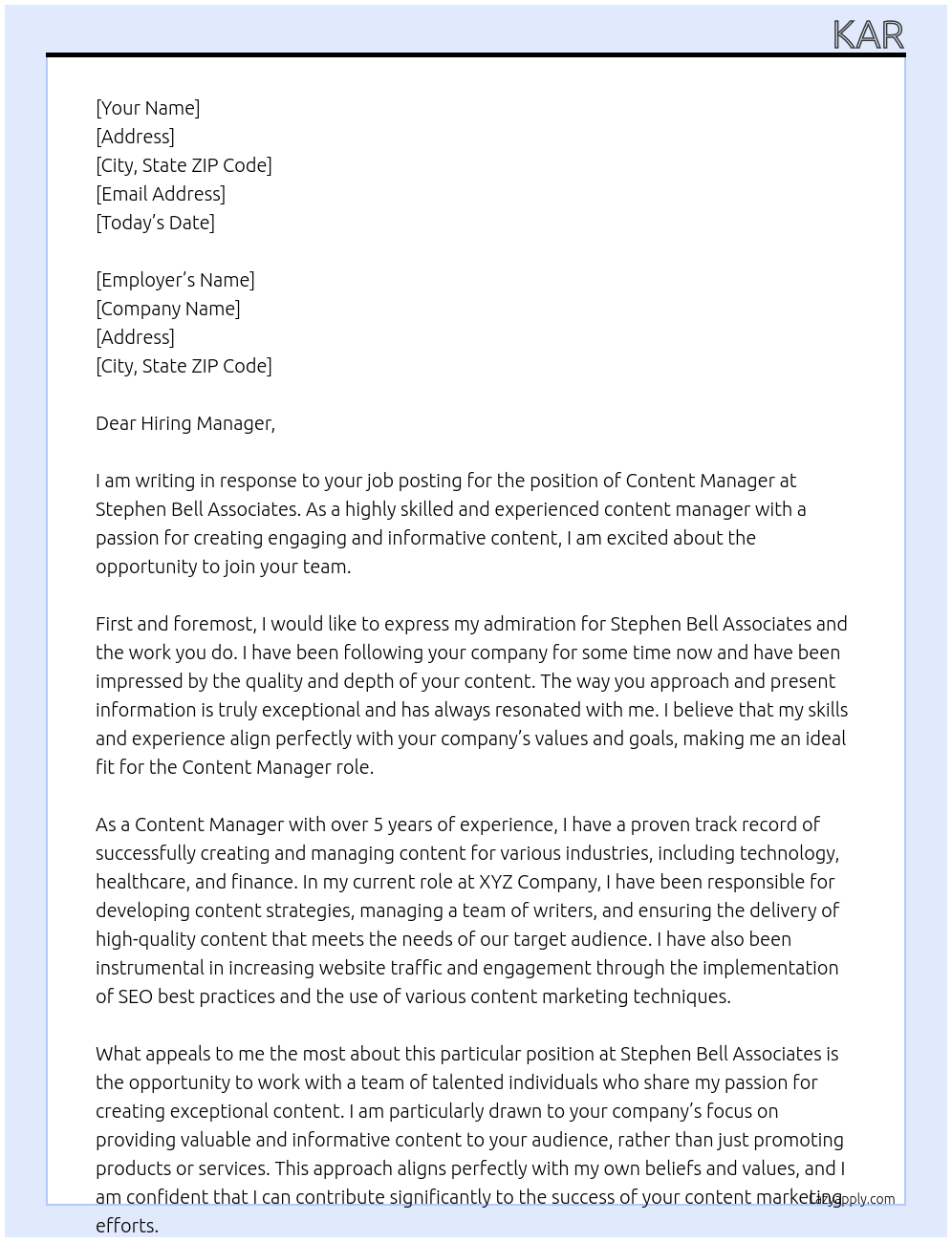 Content manager At Stephen Bell Associates Cover Letter