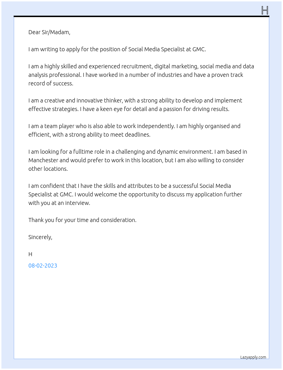 Social Media Specialist At GMC Cover Letter