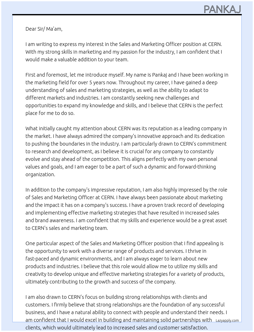 Sales and marketing officer At CERN Cover Letter