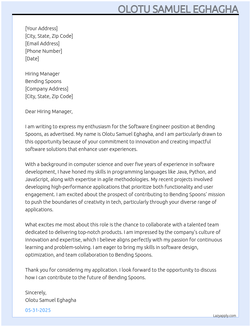 Software Engineer At bending spoons Cover Letter