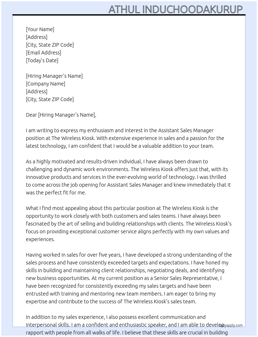Assistant Sales manager  At The Wireless Kiosk Cover Letter