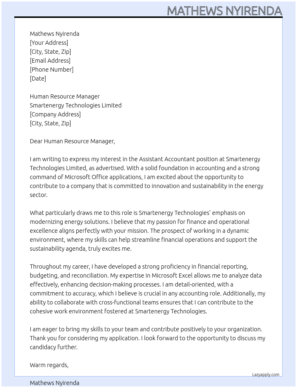 Cover letter for assistant accountant - LazyApply