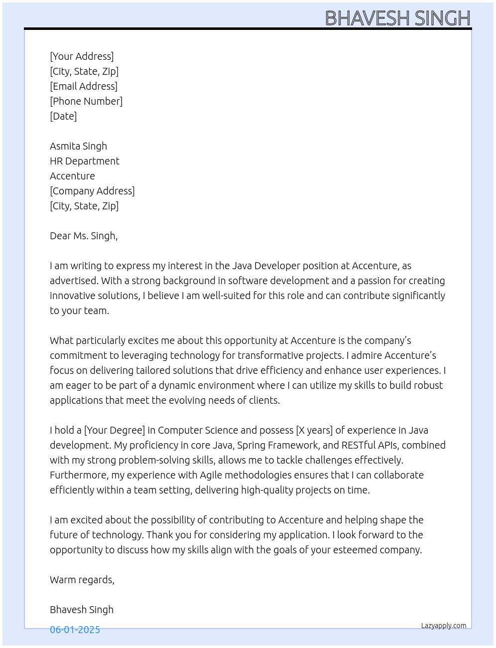 Java developer At Accenture Cover Letter