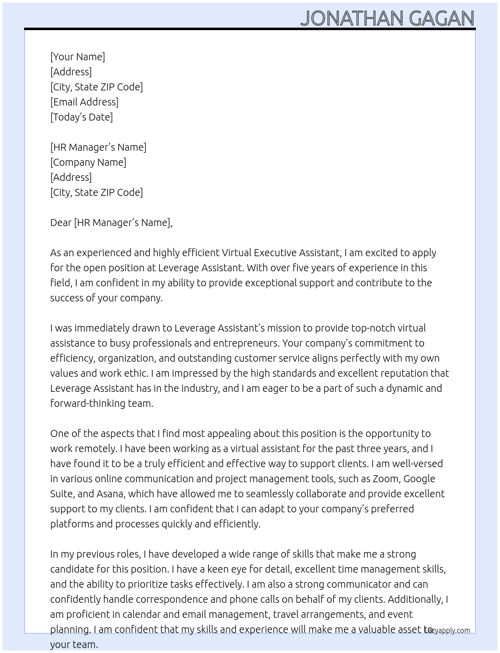 Virtual Executive Assistant  At Leverage Assistant  Cover Letter