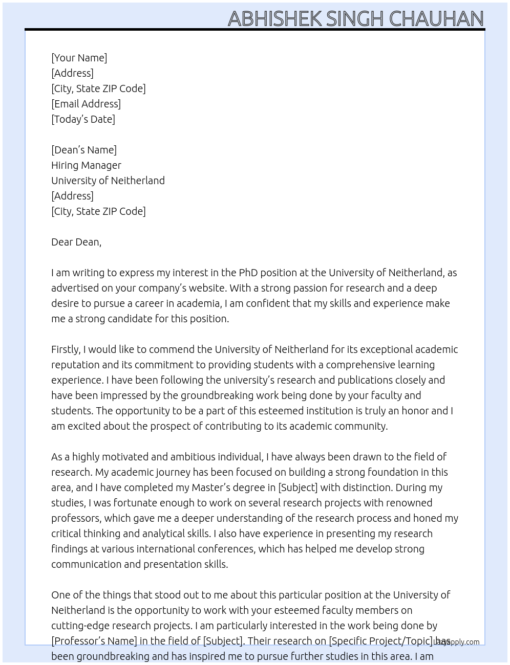 PhD At University Of Neitherland Cover Letter