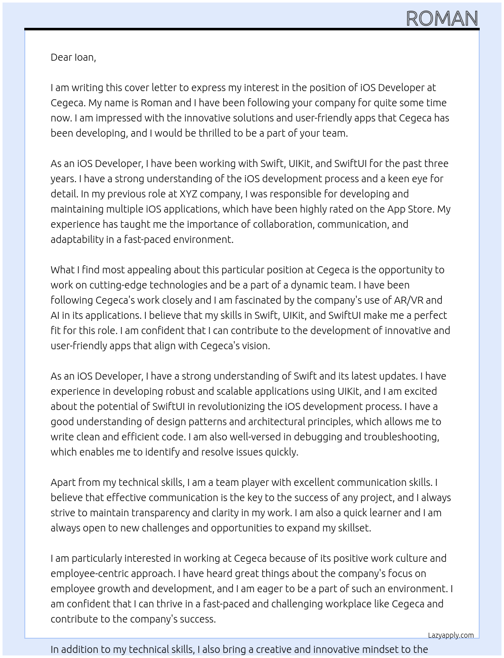 iOS Developer At Cegeca Cover Letter