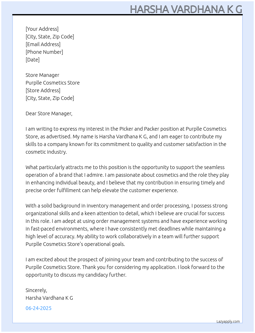 Picker and Packer At Purplle Cosmetics store Cover Letter