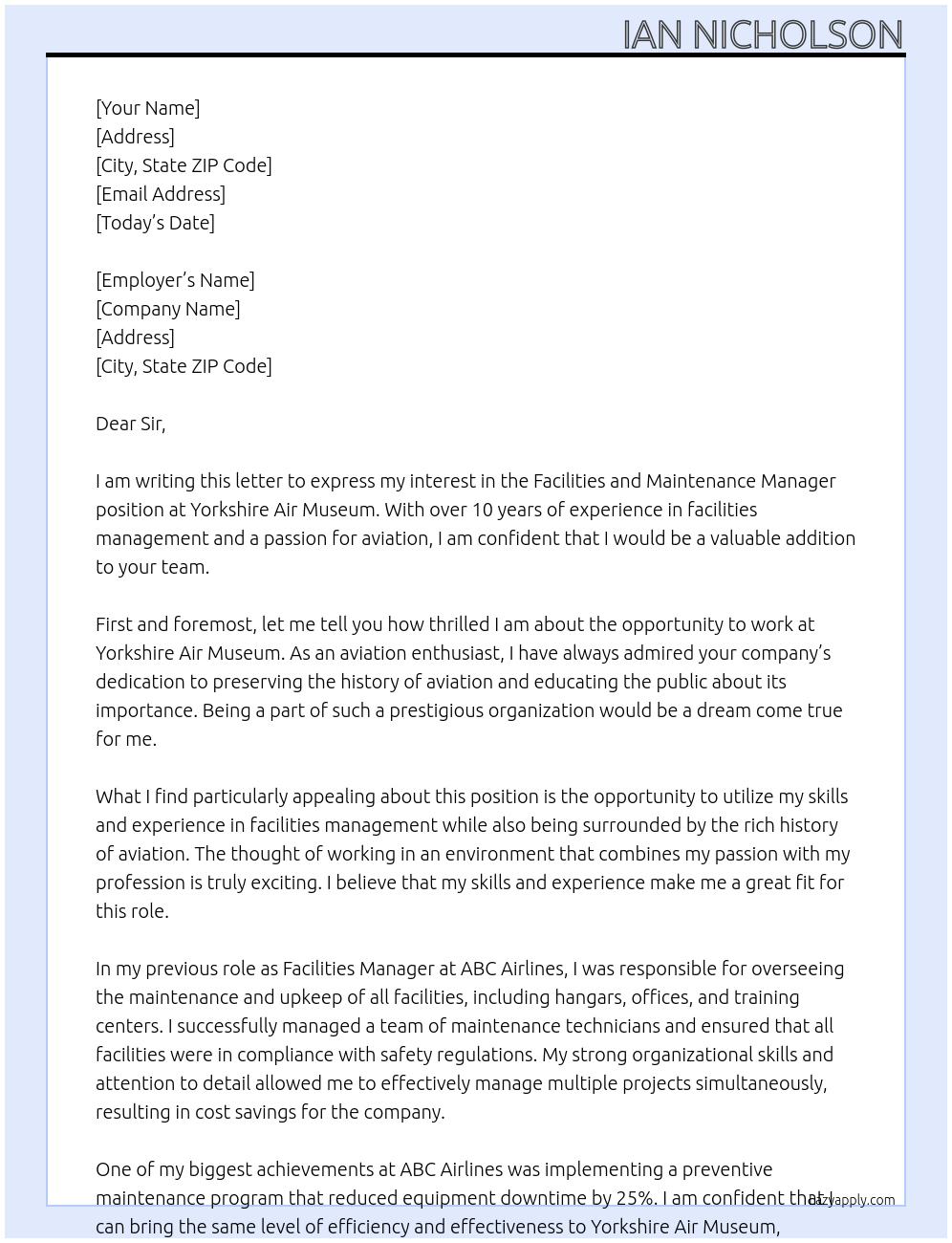 Facilities and Maintenance Manager At Yorkshire Air Museum Cover Letter