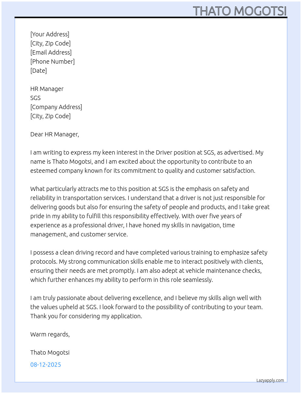 Driver At SGS Cover Letter