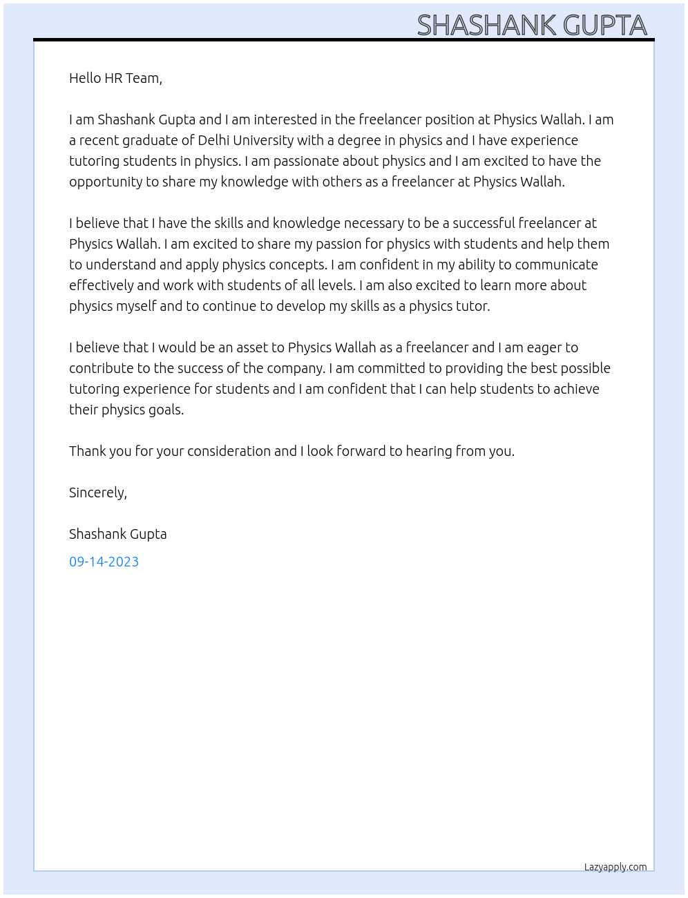 Freelancer At Physics wallah Cover Letter