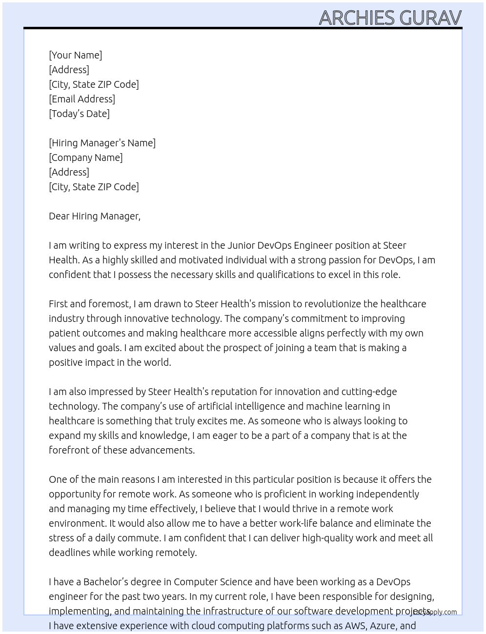 Cover letter for junior devops engineer - LazyApply