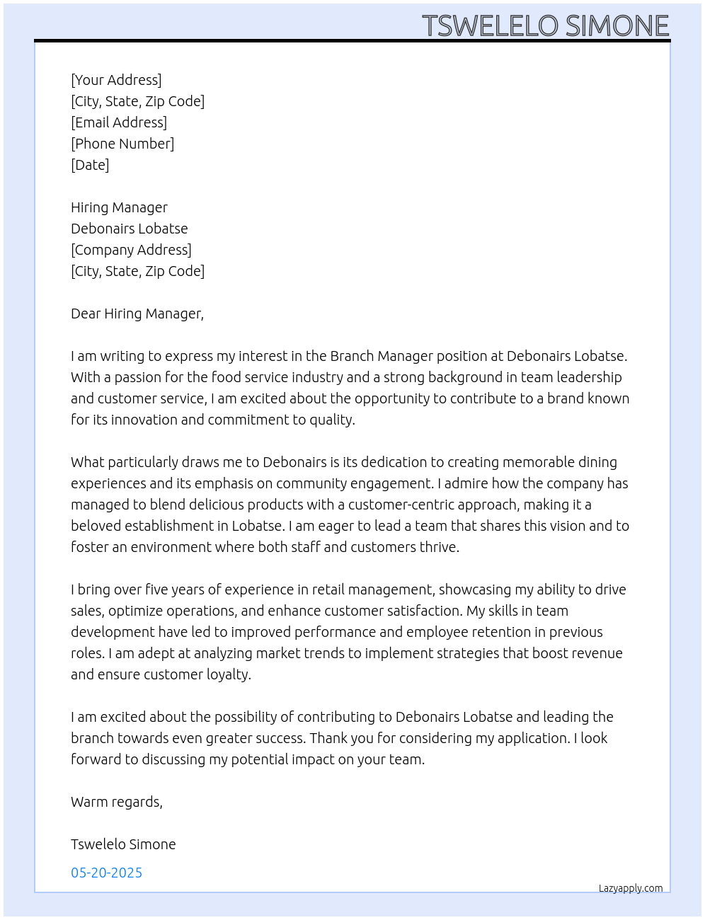 Branch Manager At Debonairs Lobatse Cover Letter