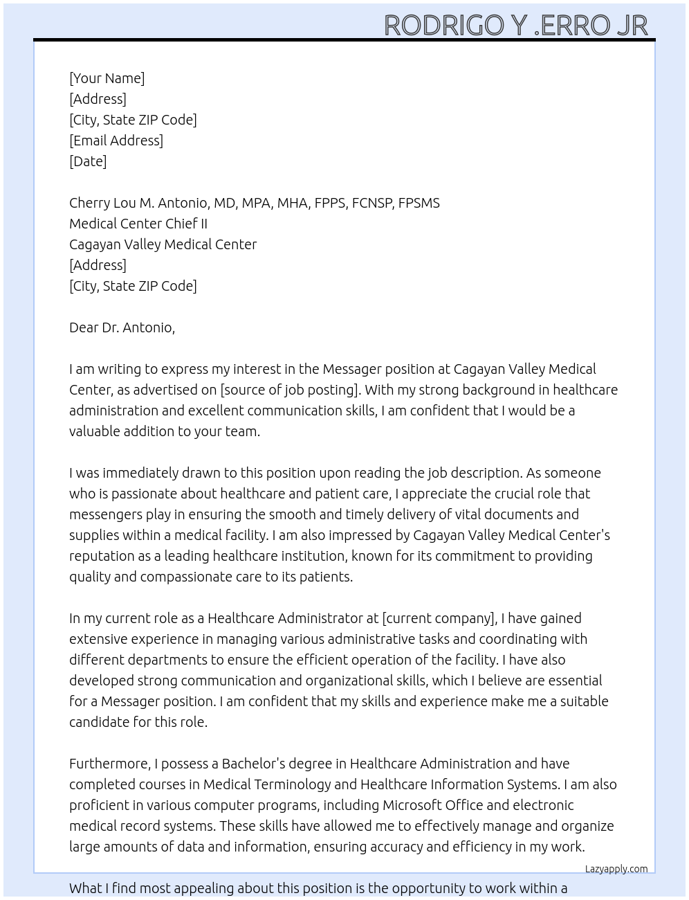 Messager  At Cagayan Valley Medical Center  Cover Letter