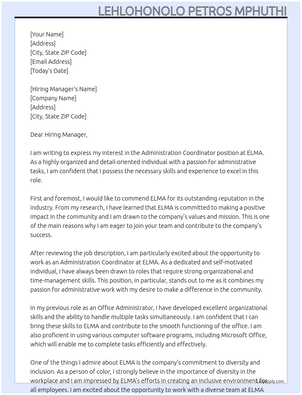 Administration Coordinator At ELMA Cover Letter