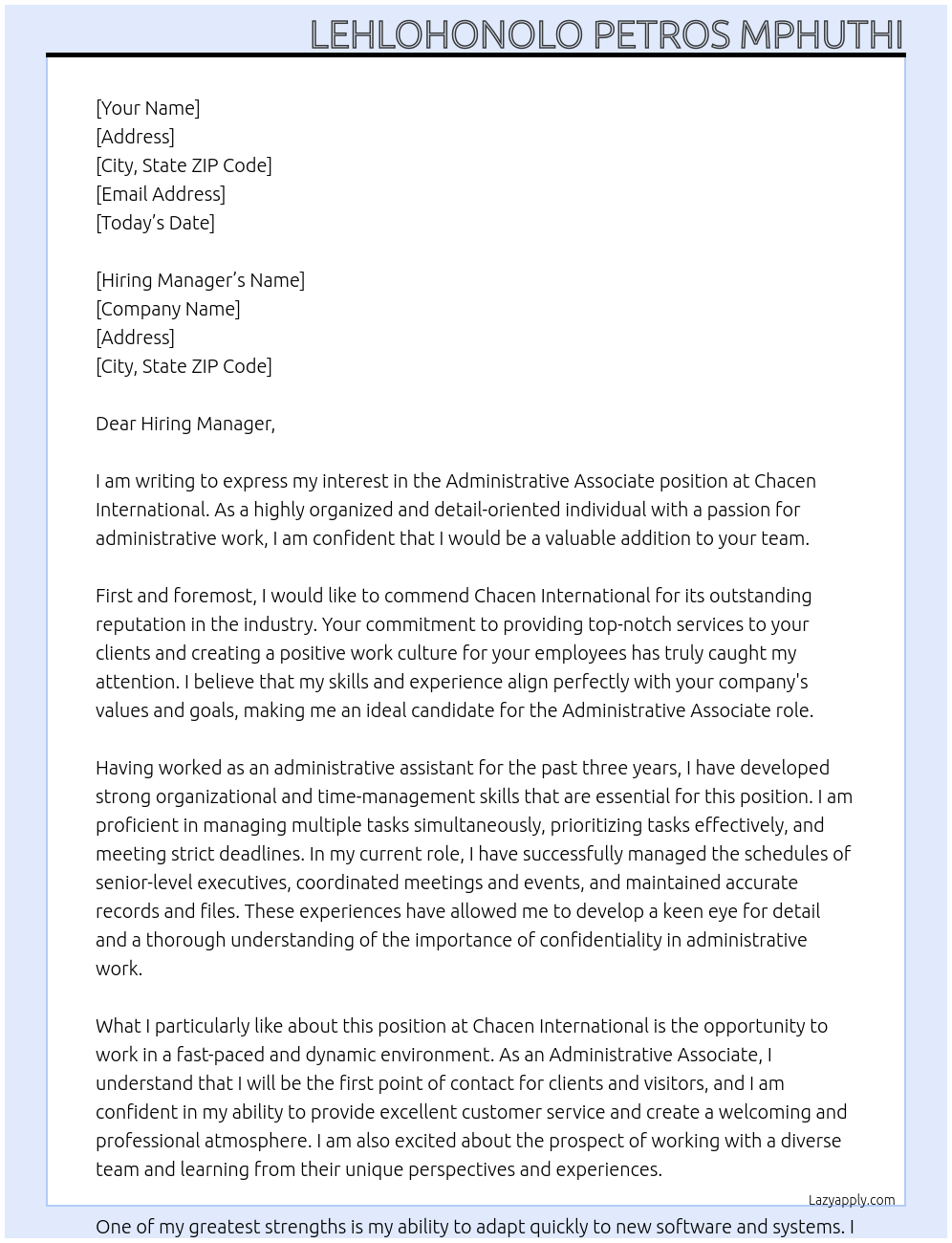 Administrative associate At Chacen International Cover Letter