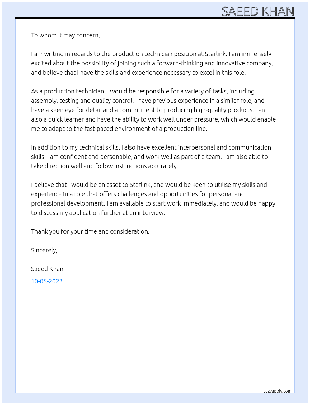 Production technician At Starlink Cover Letter