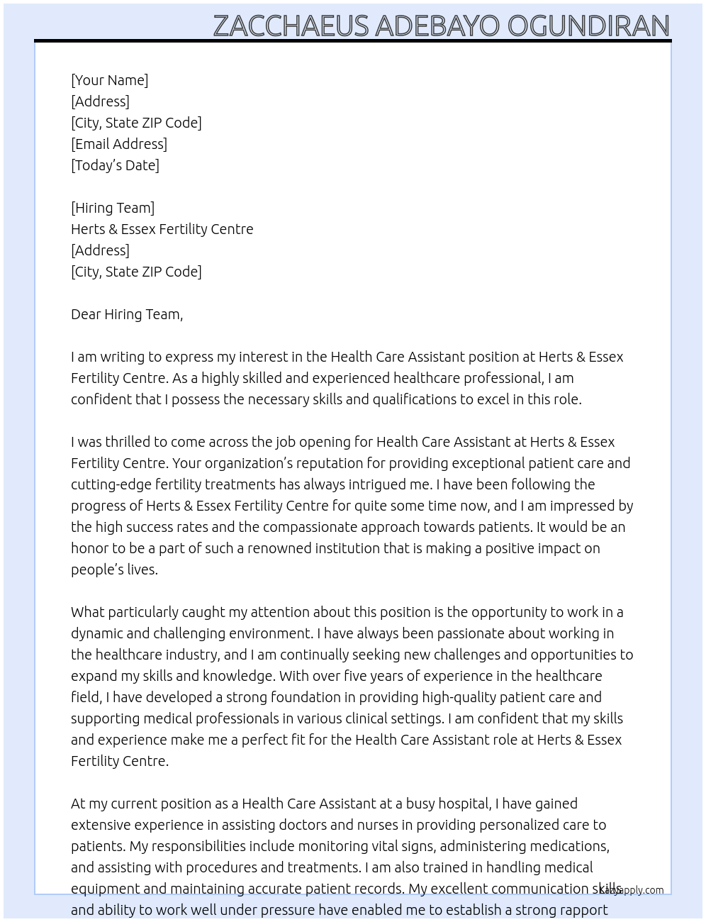 Health Care Assistant At Herts & Essex Fertility Centre Cover Letter