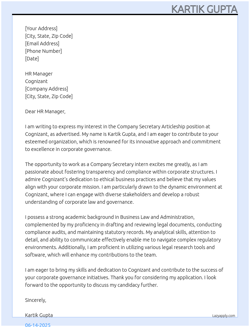 company secretary articleship At Cognizant Cover Letter