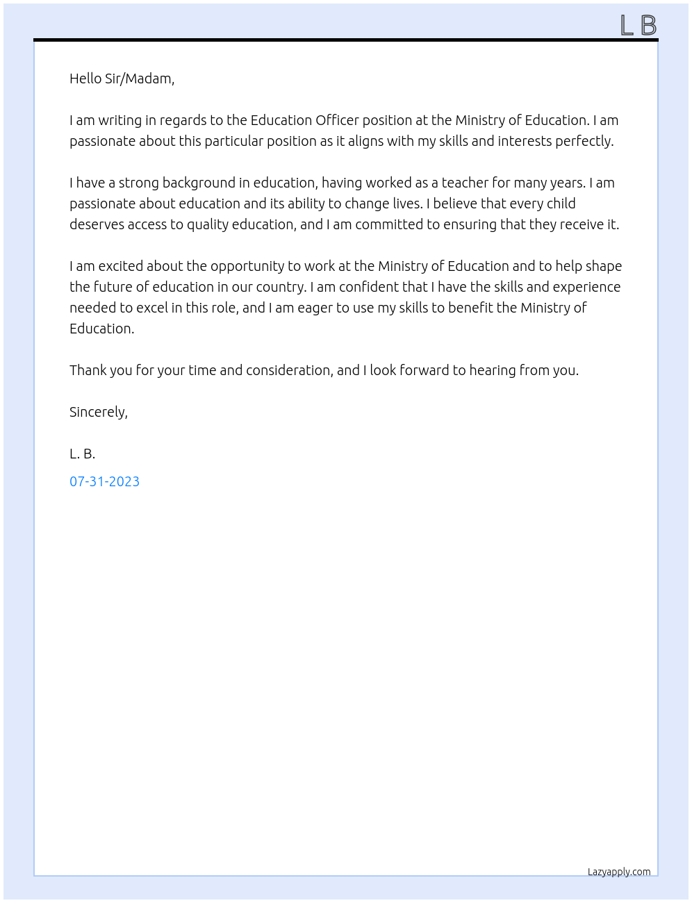 Education Officer At Ministy of Education Cover Letter