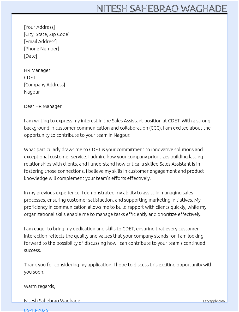 Sales assistant At CDET Cover Letter