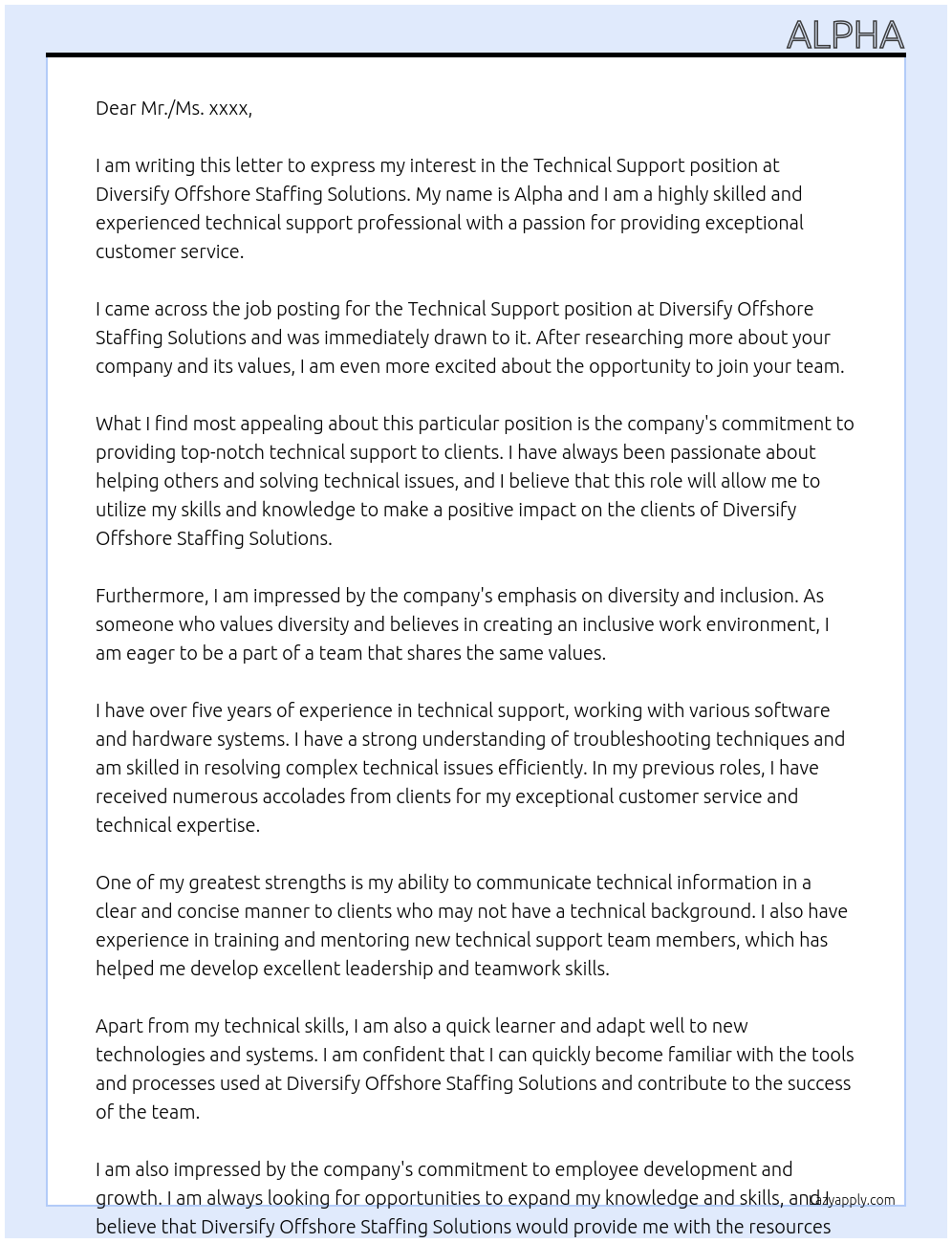 technical support At Diversify Offshore Staffing Solutions Cover Letter