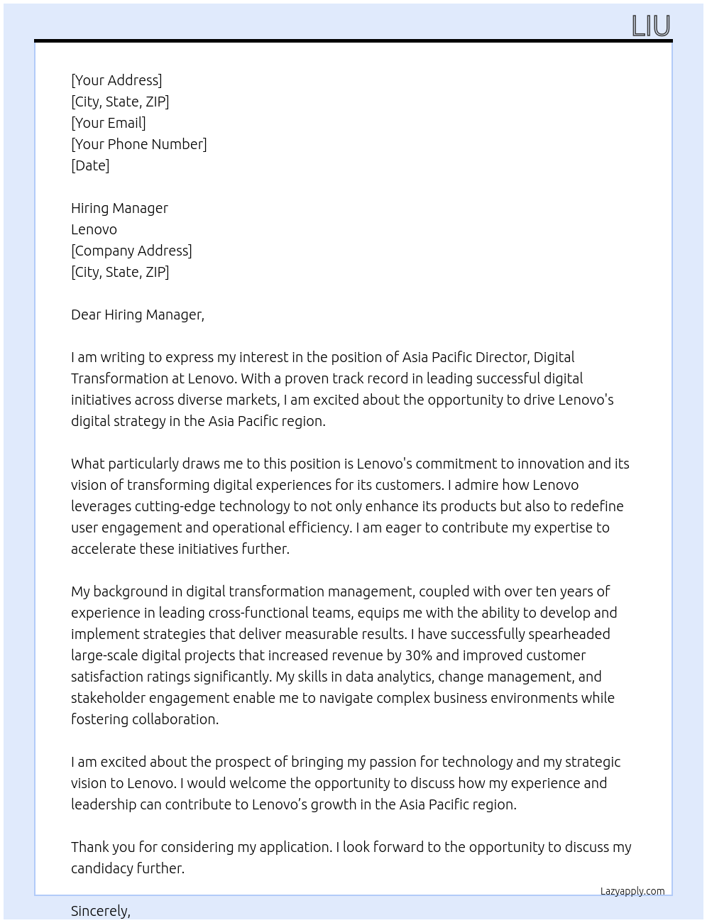 Asia Pacific Director, Digital Transformation At Lenovo Cover Letter