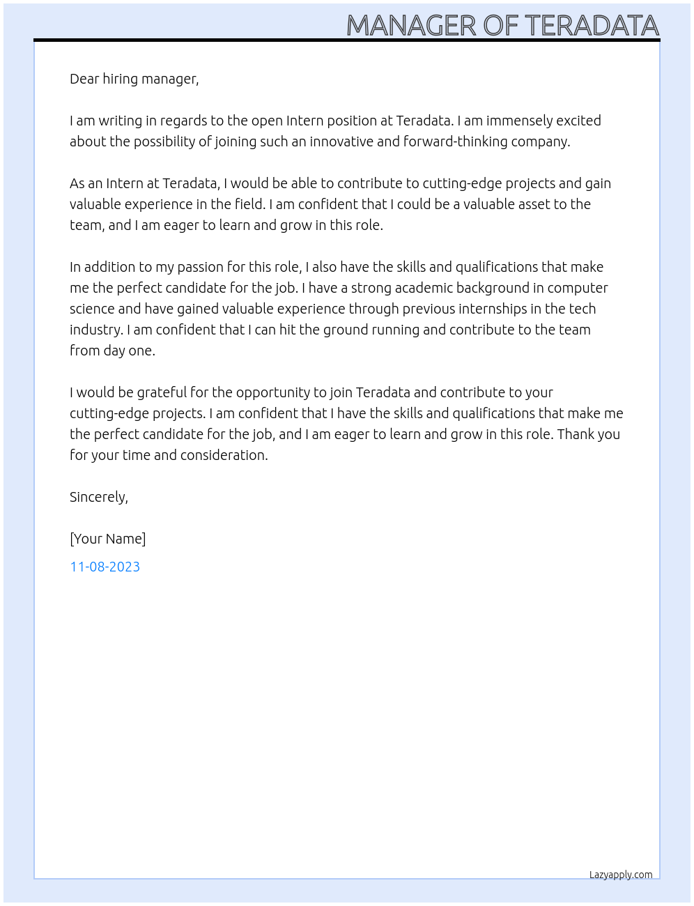 INTERN At TERADATA Cover Letter