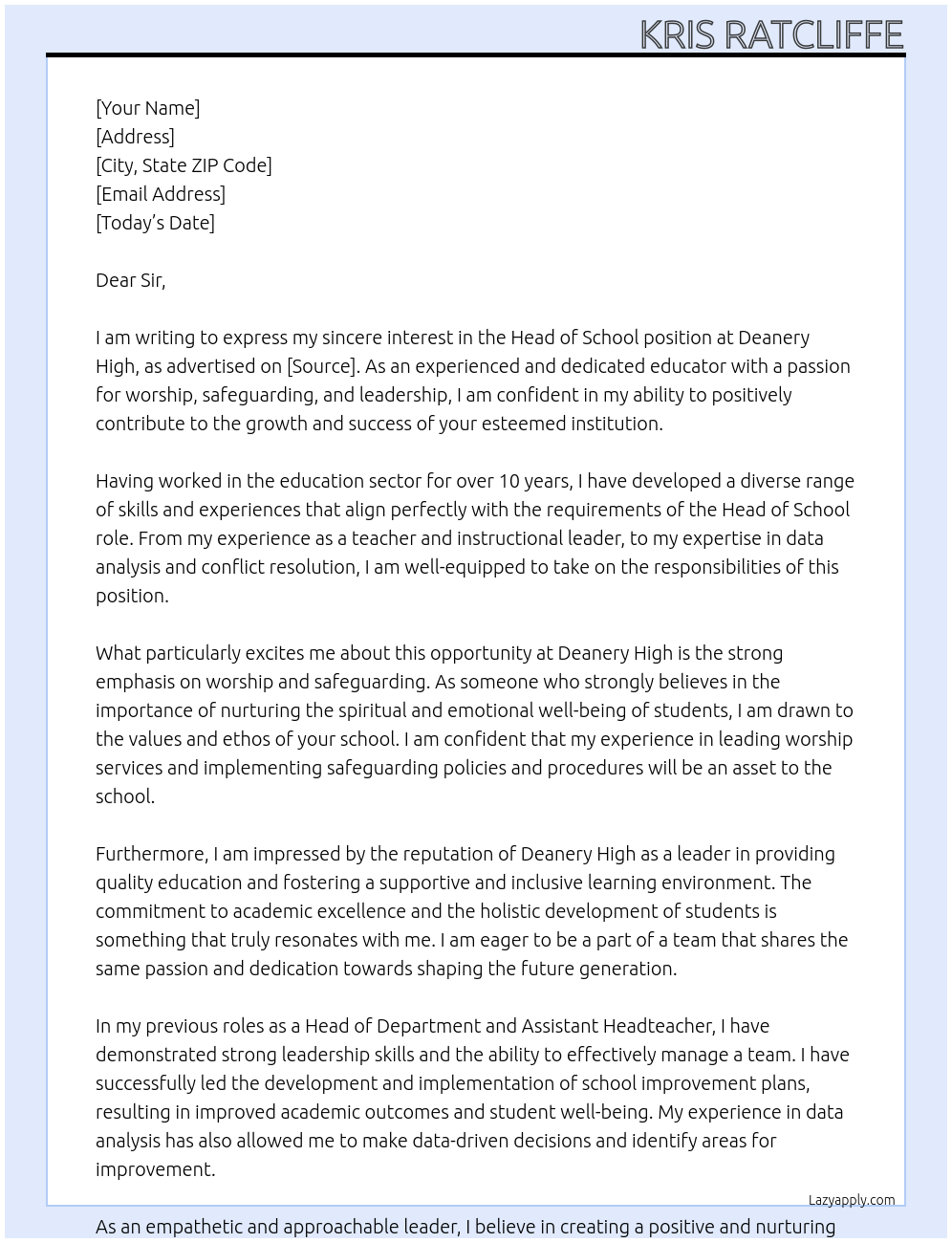 Head of School At Deanery High Cover Letter