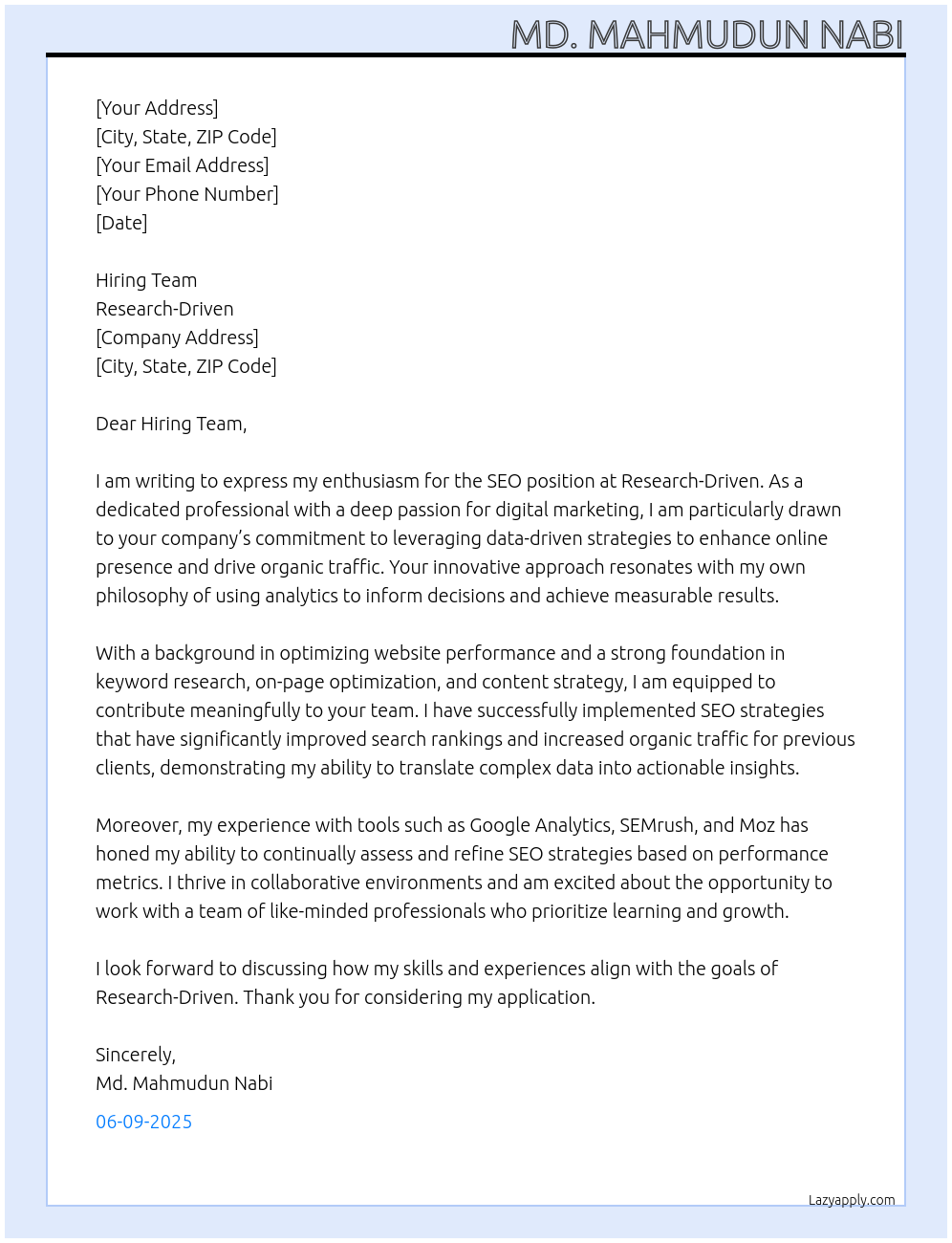 Cover letter for seo - LazyApply