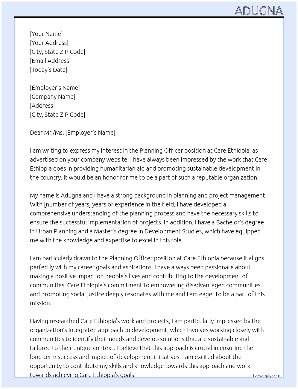 Planning officer At Care Ethiopia Cover Letter