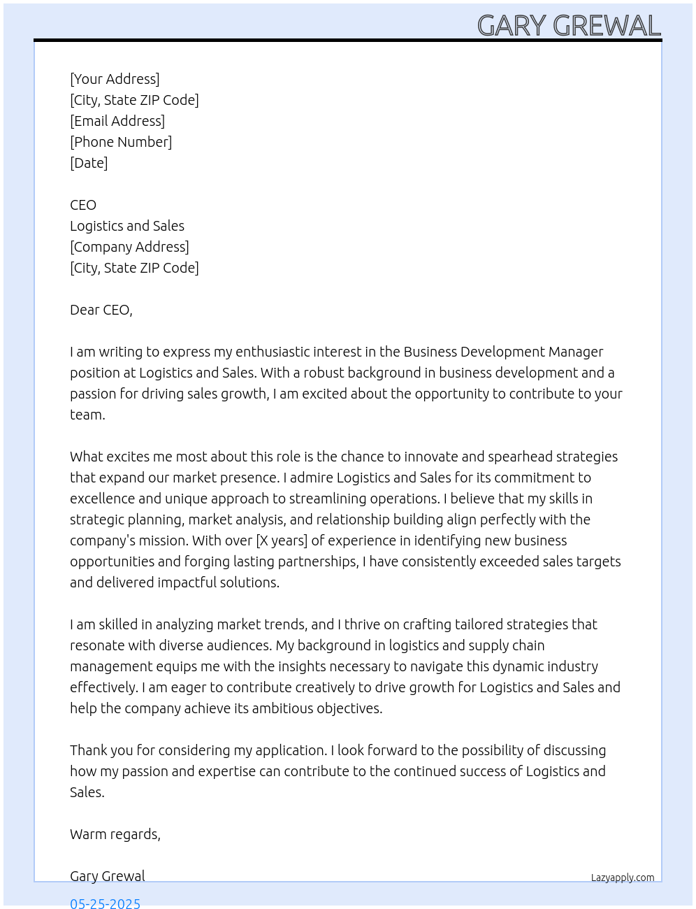 Business Development Manager At logistics and sales Cover Letter