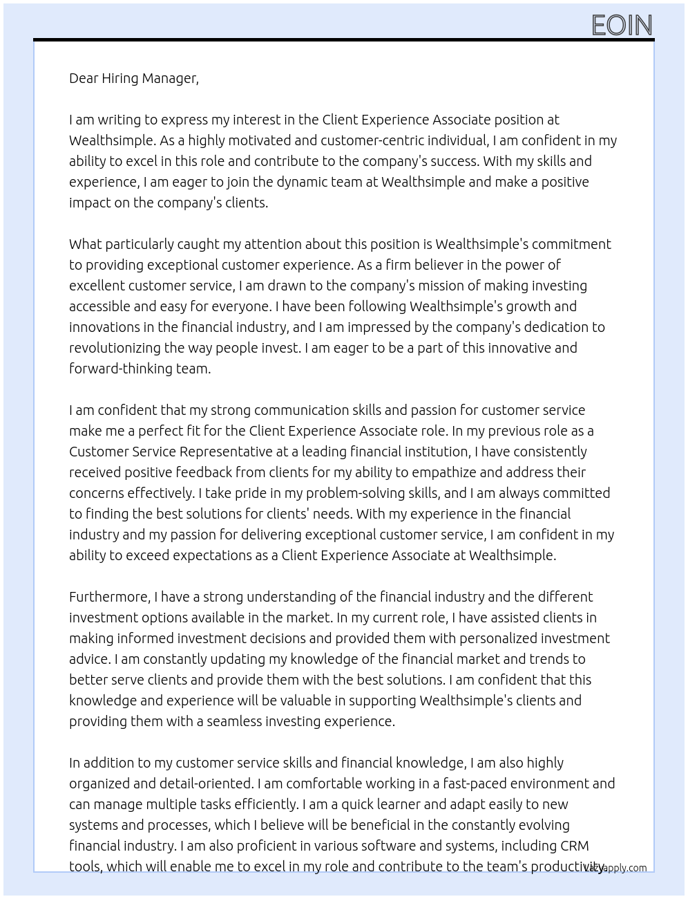 Client Experience Associate At Wealthsimple Cover Letter