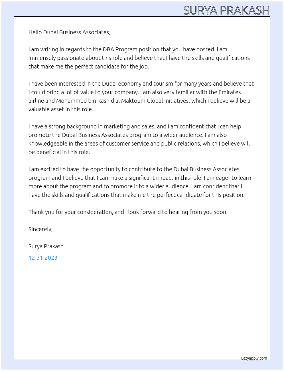 DBA Program  At Dubai Business Associates  Program  Cover Letter