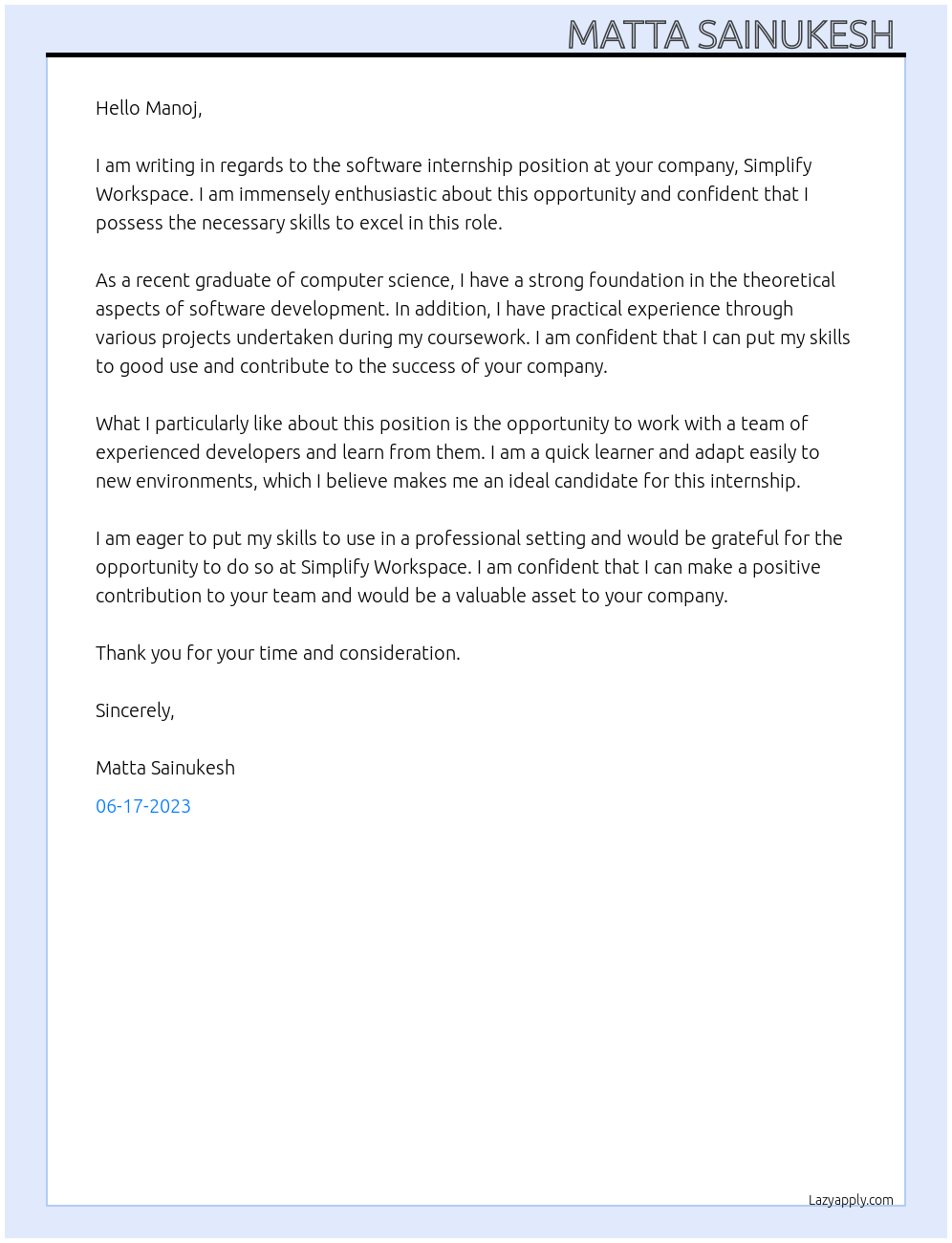 Software internship At Simplify workspace Cover Letter