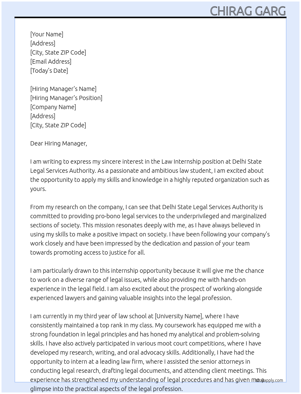 Law internship At Delhi State Legal Services Authority Cover Letter