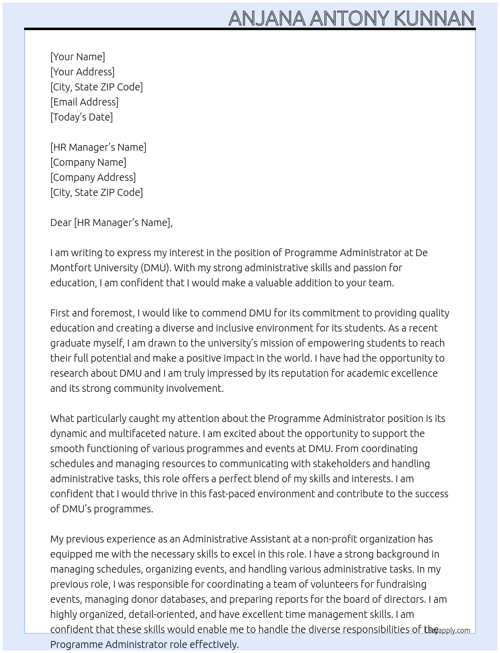 Programme Administrator At De Montfort University (DMU) Cover Letter