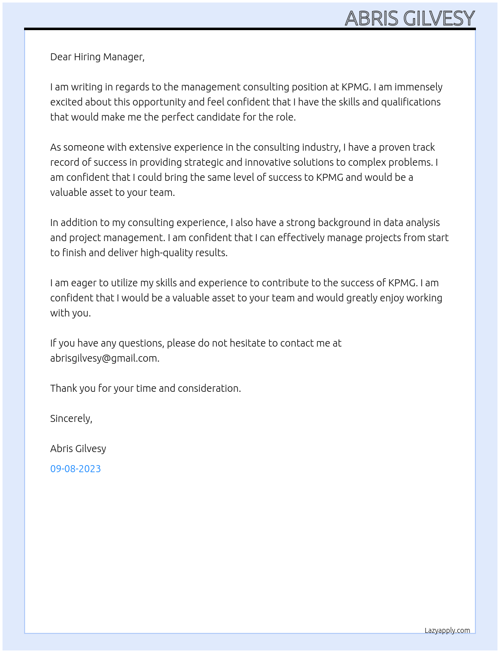 Management Consulting At KPMG Cover Letter