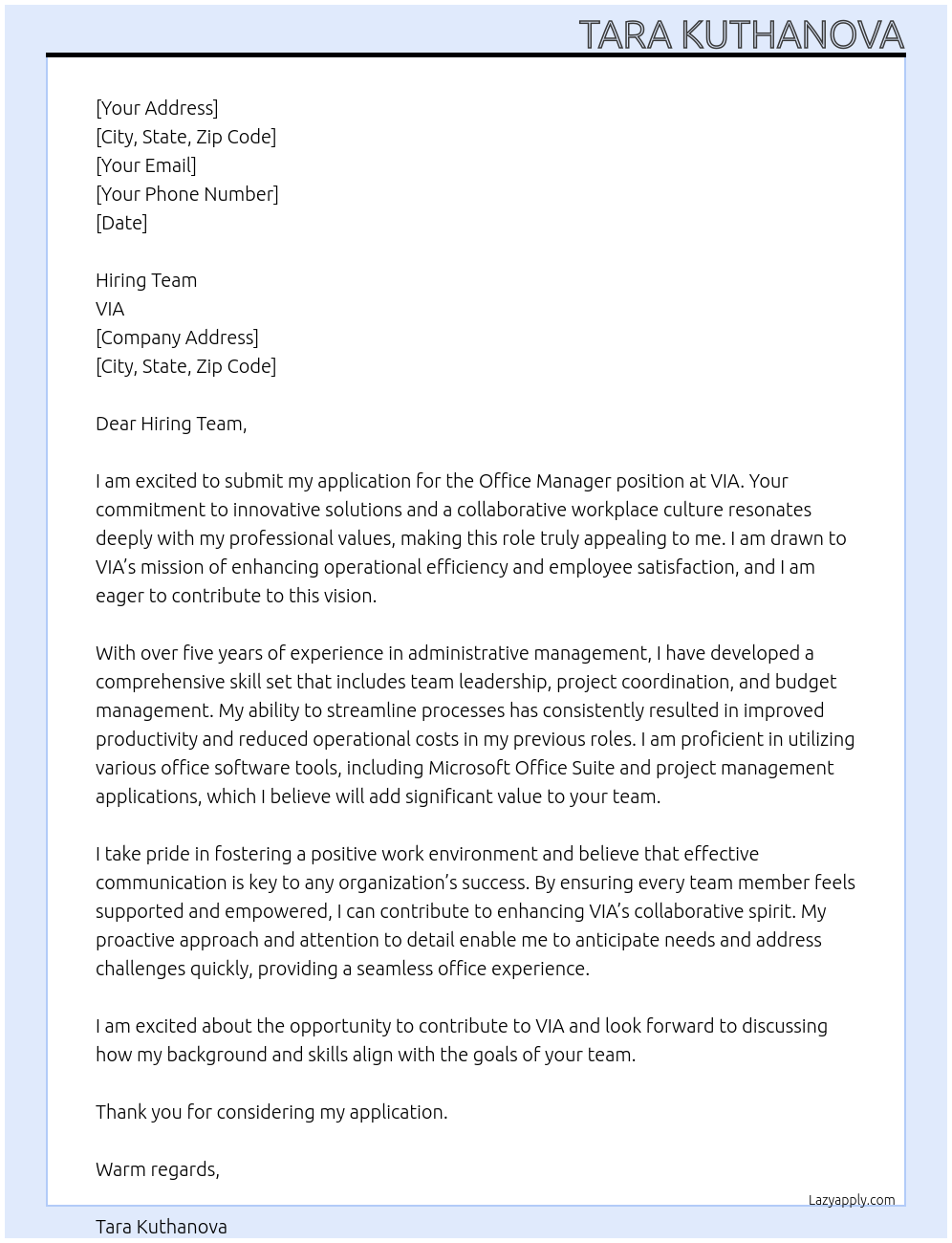 Office Manager At VIA Cover Letter