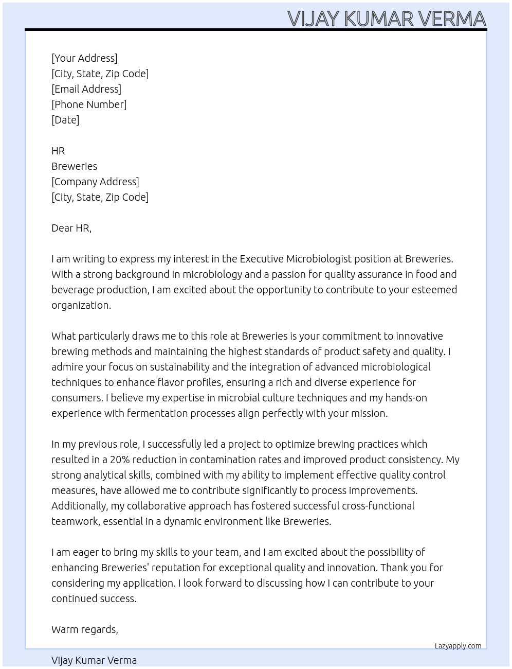 Executive Microbiologist At Breweries Cover Letter