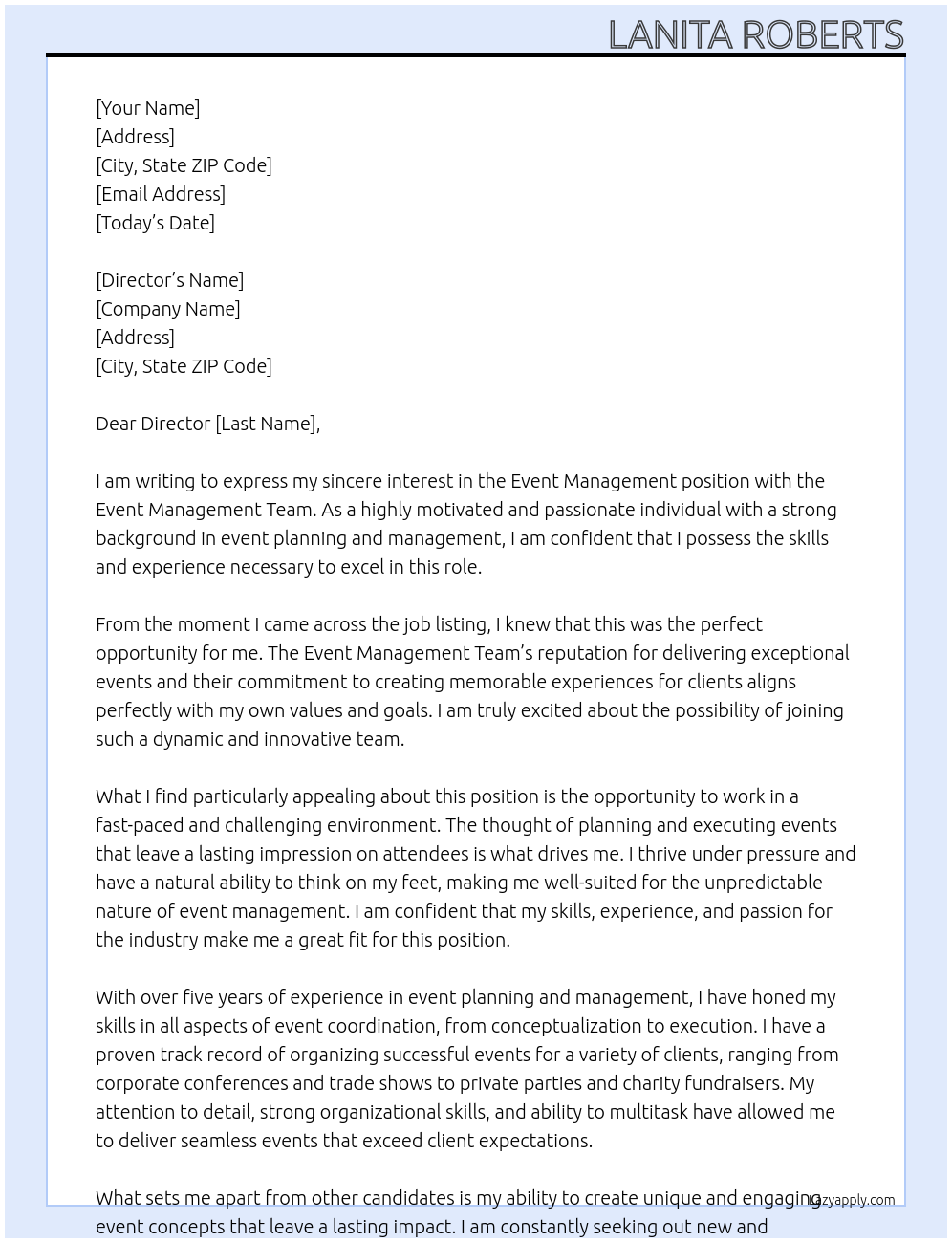 Event management  At Event management team Cover Letter