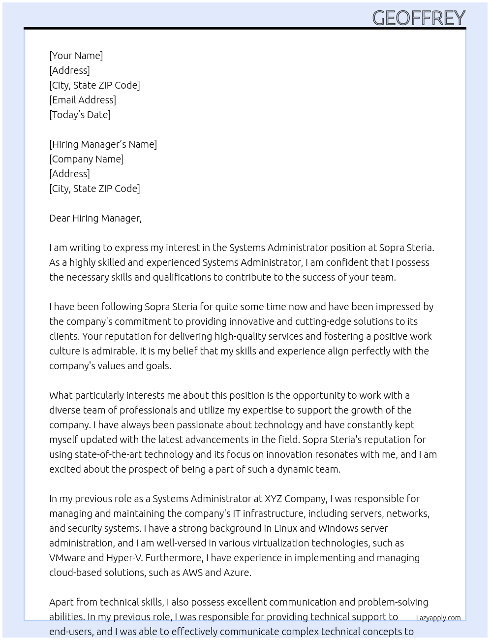 Systems Administrator At Sopra Steria Cover Letter