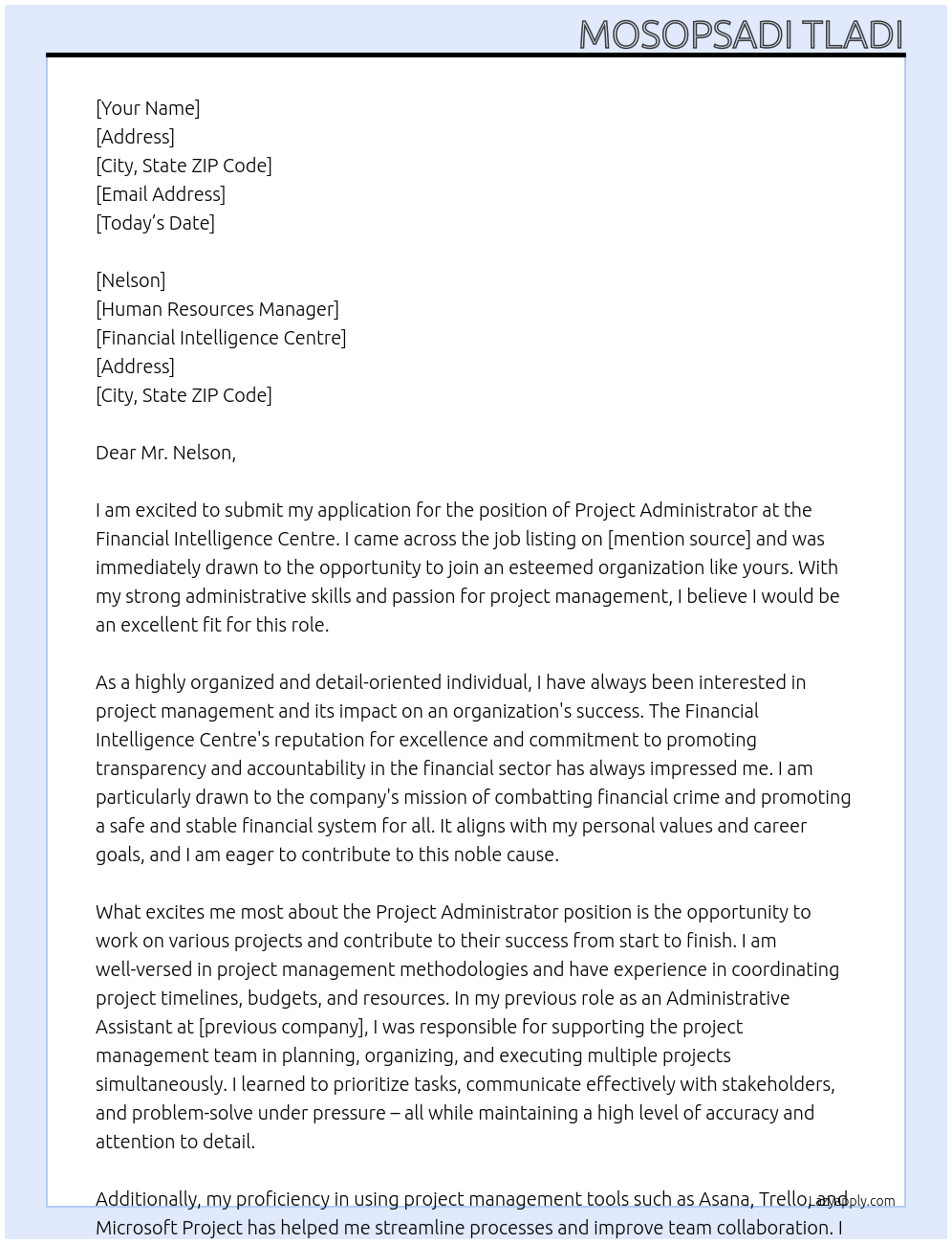 Project Administrator At Financial Intelligence Centre Cover Letter