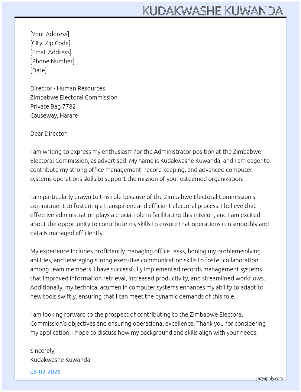 Administrator  At Zimbabwe Electoral Commission  Cover Letter