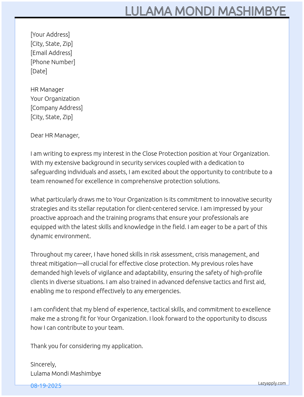 Close Protection At Your Organization Cover Letter