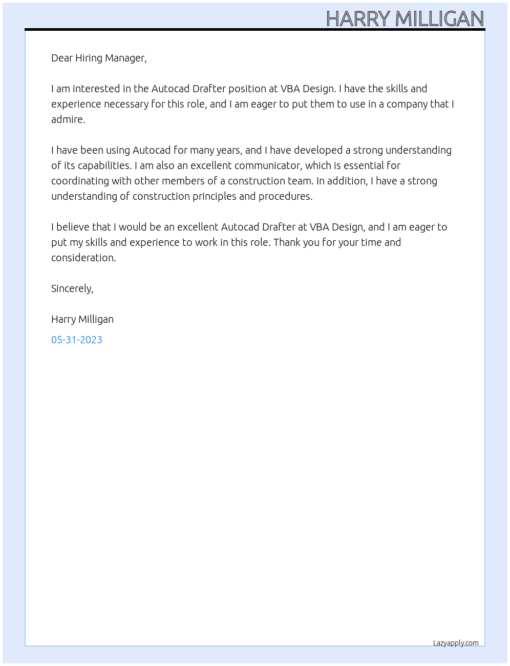 Autocad Drafter At VBA Design Cover Letter