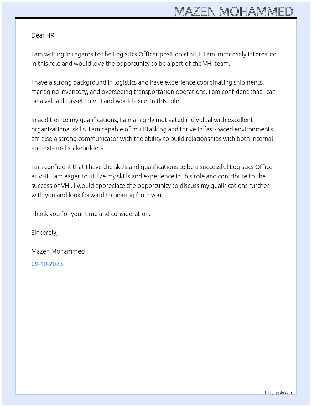 logistic officer At VHI Cover Letter