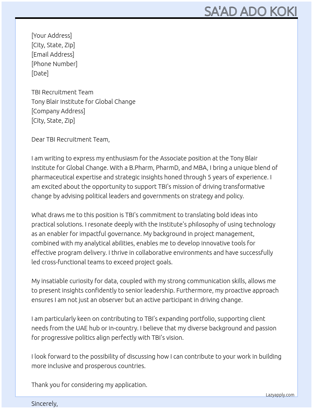 Associate At Tony Blair Institute for Global Change (TBI) Cover Letter