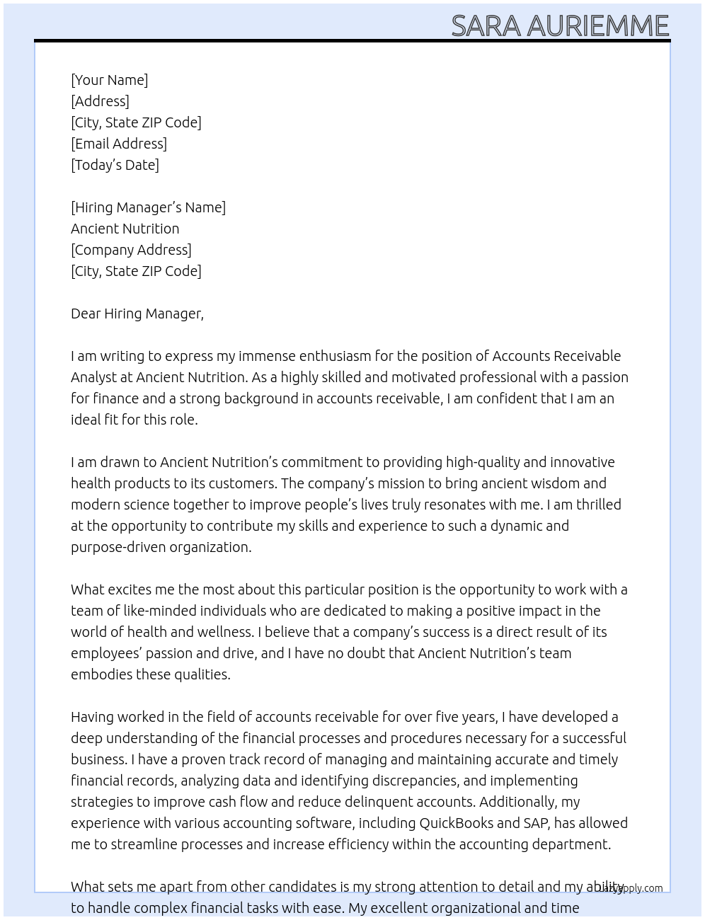 Accounts Receivable Analyst At Ancient Nutrition Cover Letter
