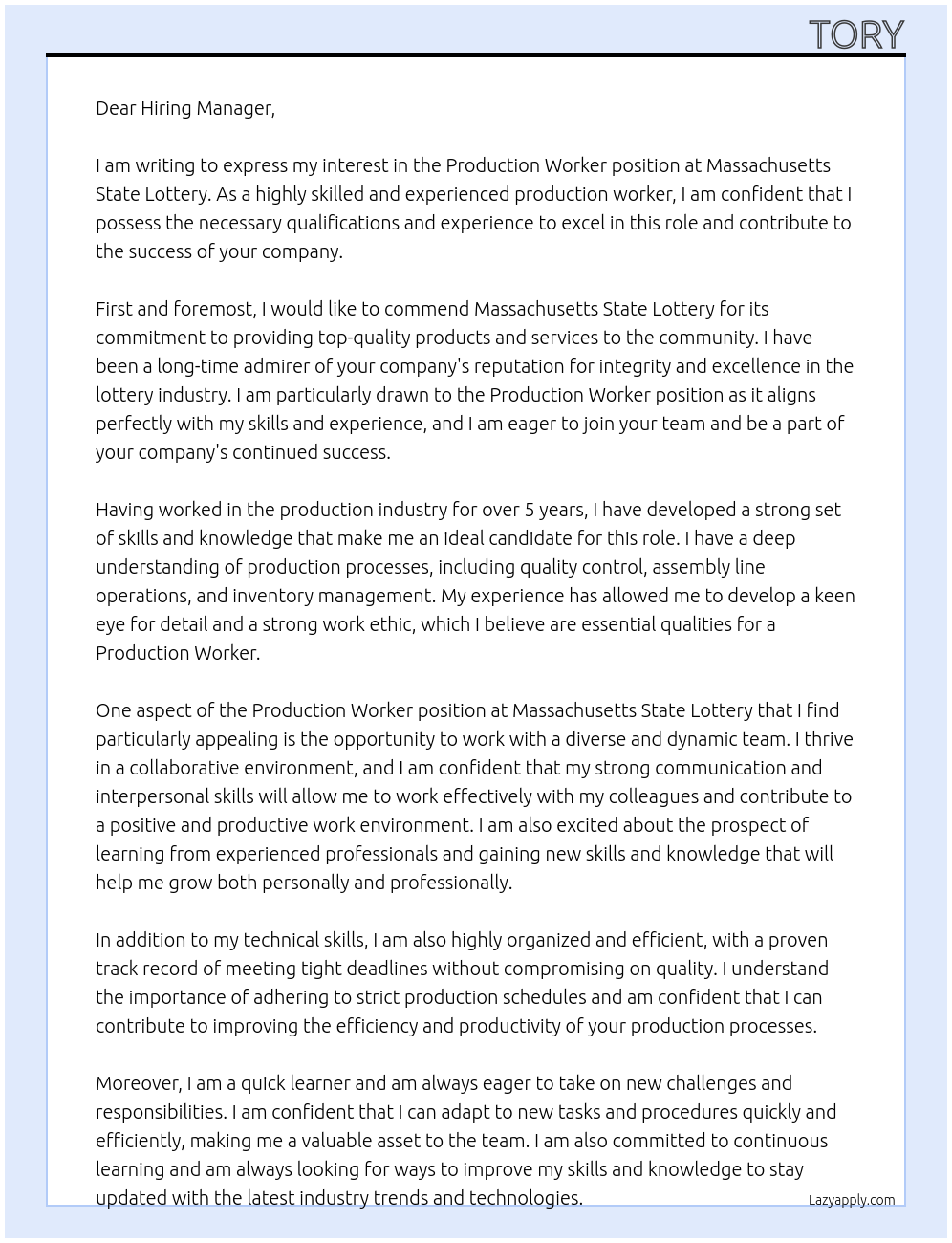 Production Worker At Massachusetts State Lottery Cover Letter